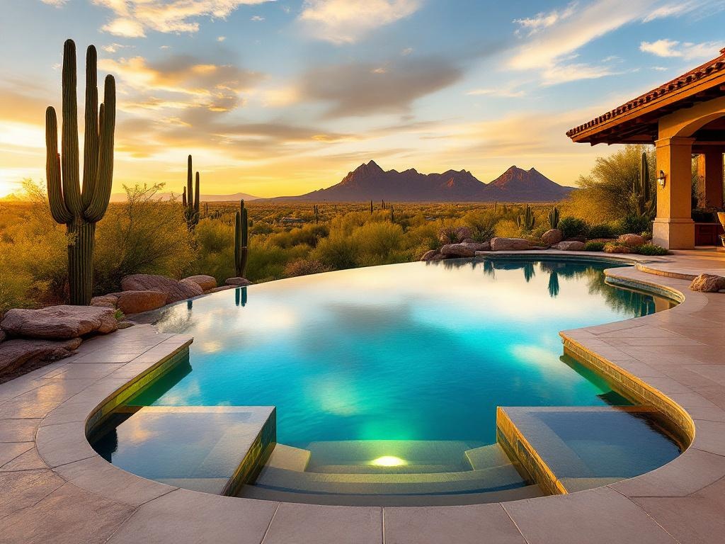 Resort-style infinity pool in Scottsdale overlooking the Sonoran Desert with Pinnacle Peak